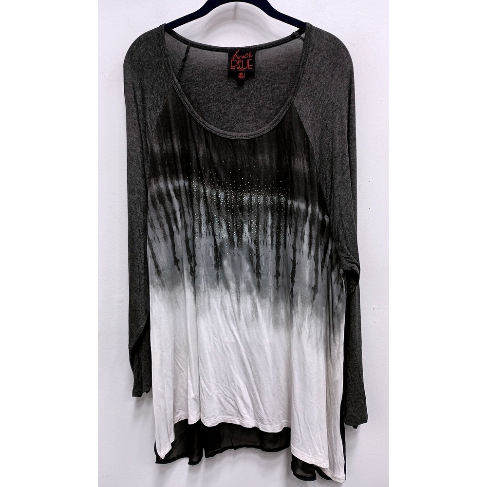 French Blue Tunic Top Womens 3X Gray Tie Dye Rhinestone Chiffon Trim Long Sleeve